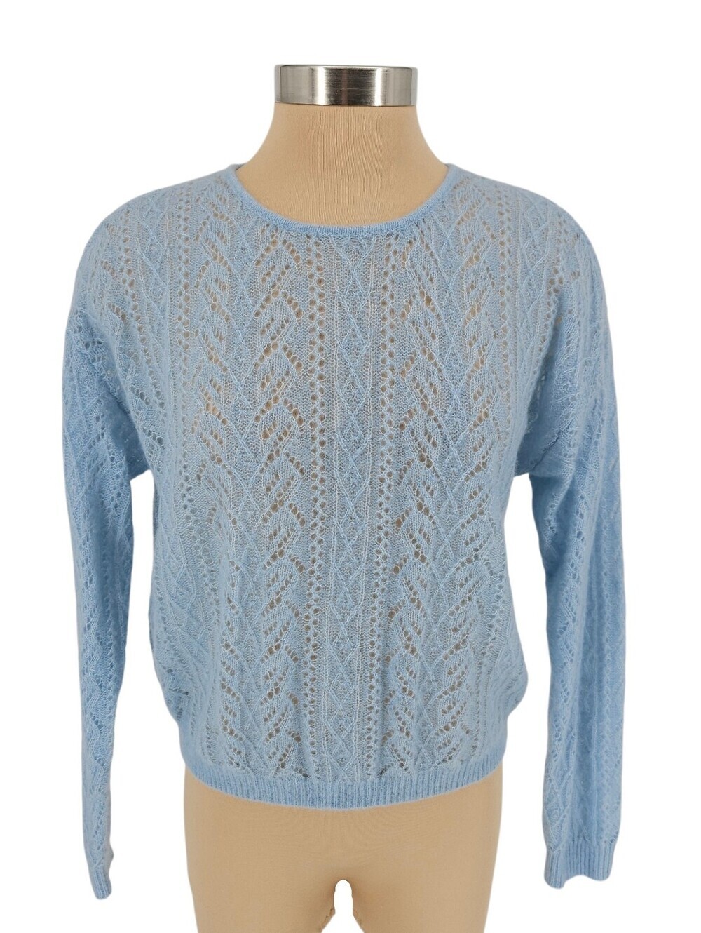 Daisysilk Cashmere Sweater Blue Long Sleeve Pointelle Knit Pullover Large